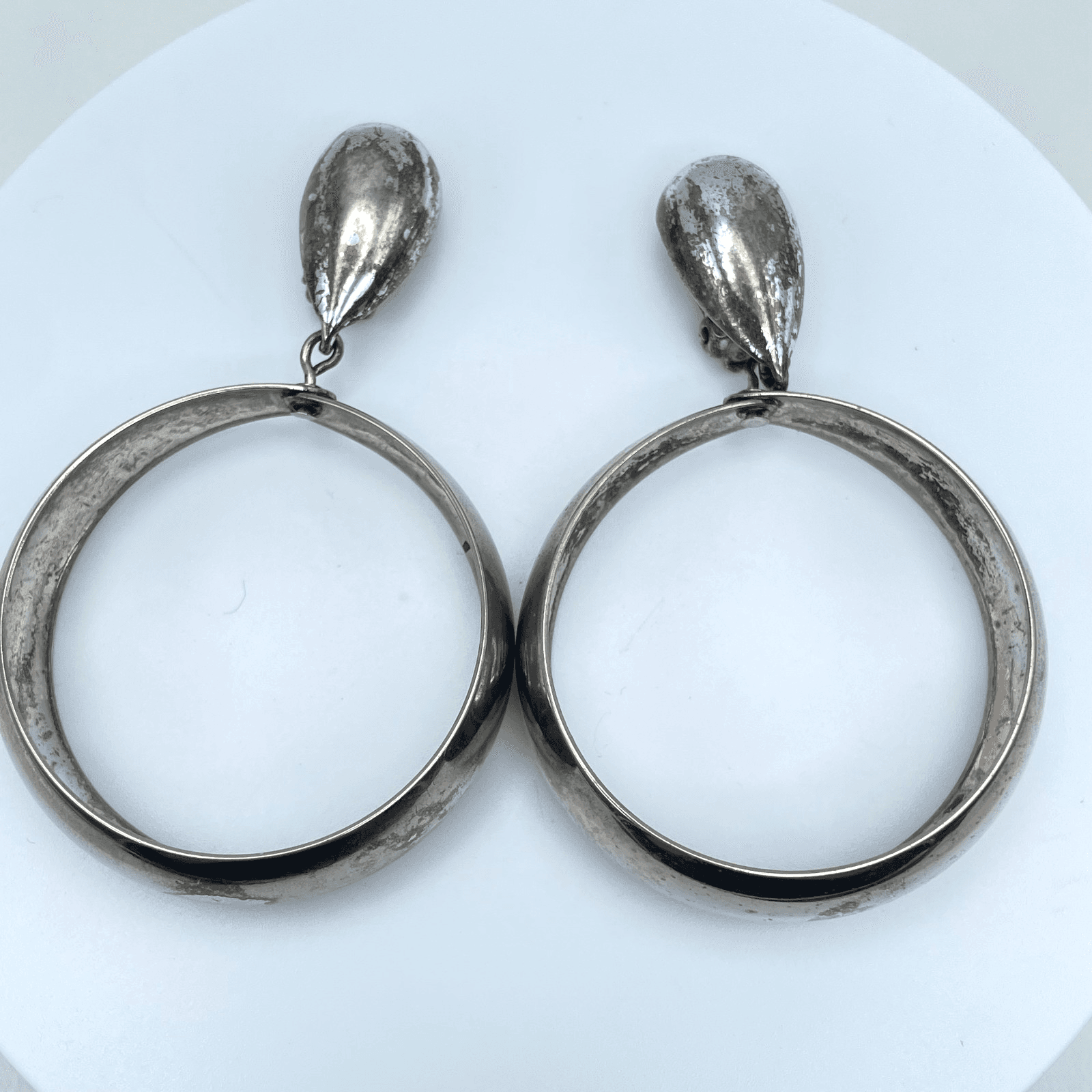 Vintage 90s Silver Tone Large Hoop Dangle Earrings Retro Bold Modern Jewelry - Image 1