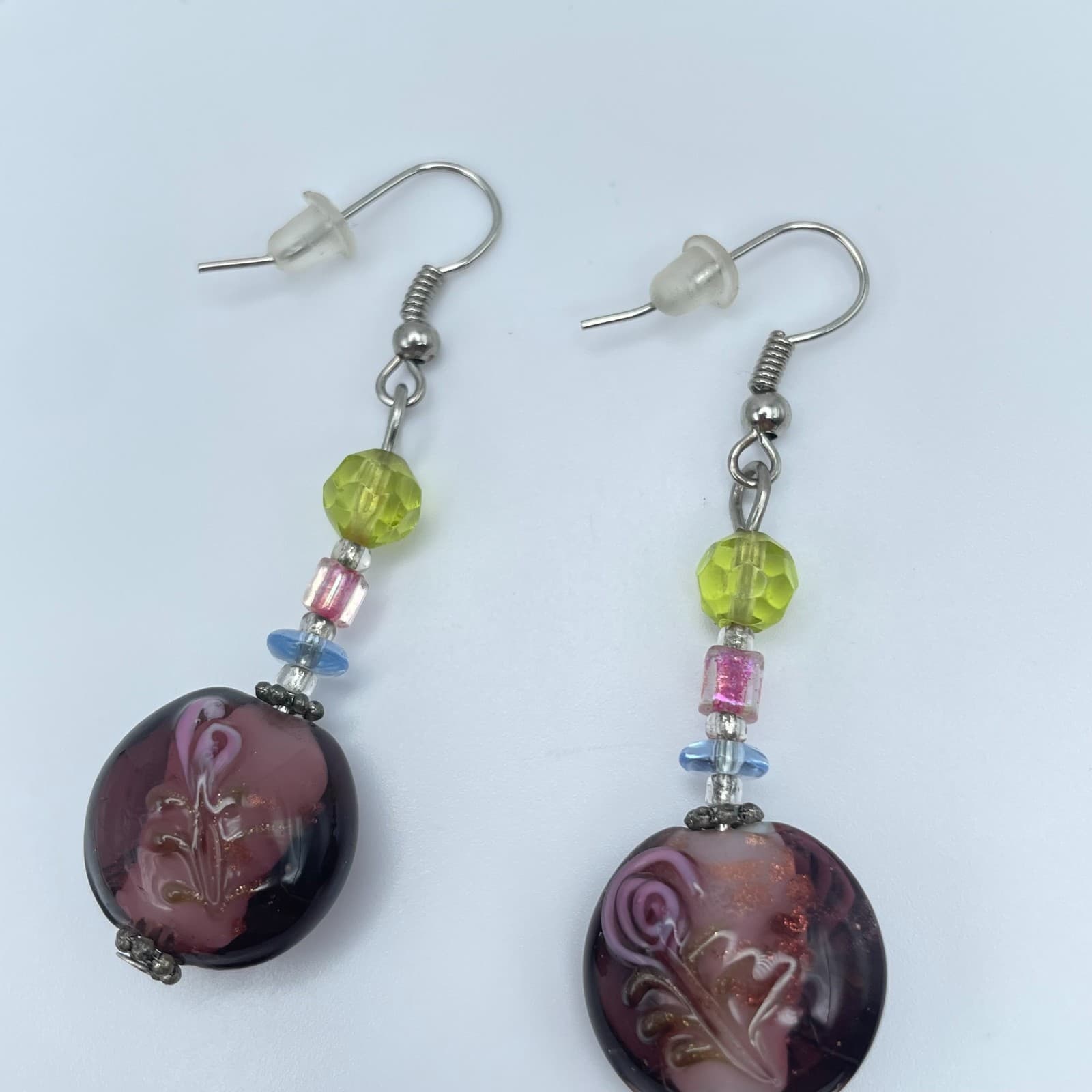 Vintage 90s Lampwork Glass Dangle Earrings Purple Floral Rose Beaded Artisan - Image 1