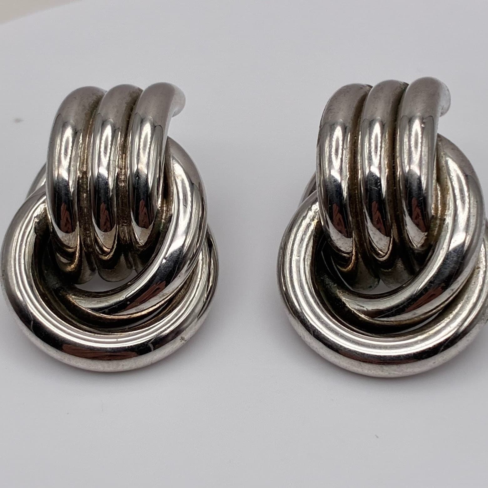 Vintage 90s Silver Tone Knot Stud Earrings Triple Hoop Statement Modernist Bold - Image 1