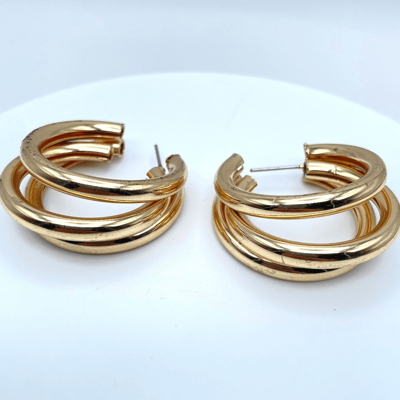 Vintage 90s Gold Tone Multi-Hoop C-Shaped Earrings Chunky Fashion Jewelry - Image 1
