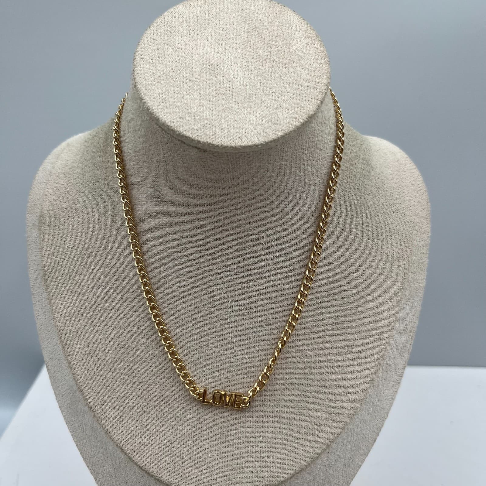 Vtg 90s Gold Tone Love Script Necklace Chunky Curb Chain Statement Jewelry Women - Image 1