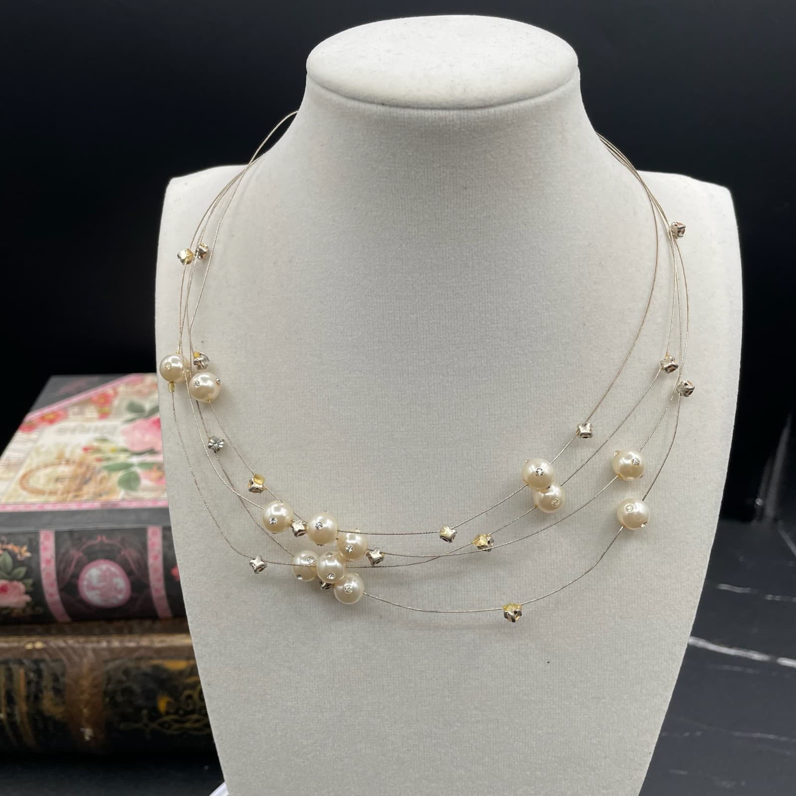 Silver-Tone Mother-Of-Pearl Thin Wire Multi-Stranded Floating Station Necklace - Image 1