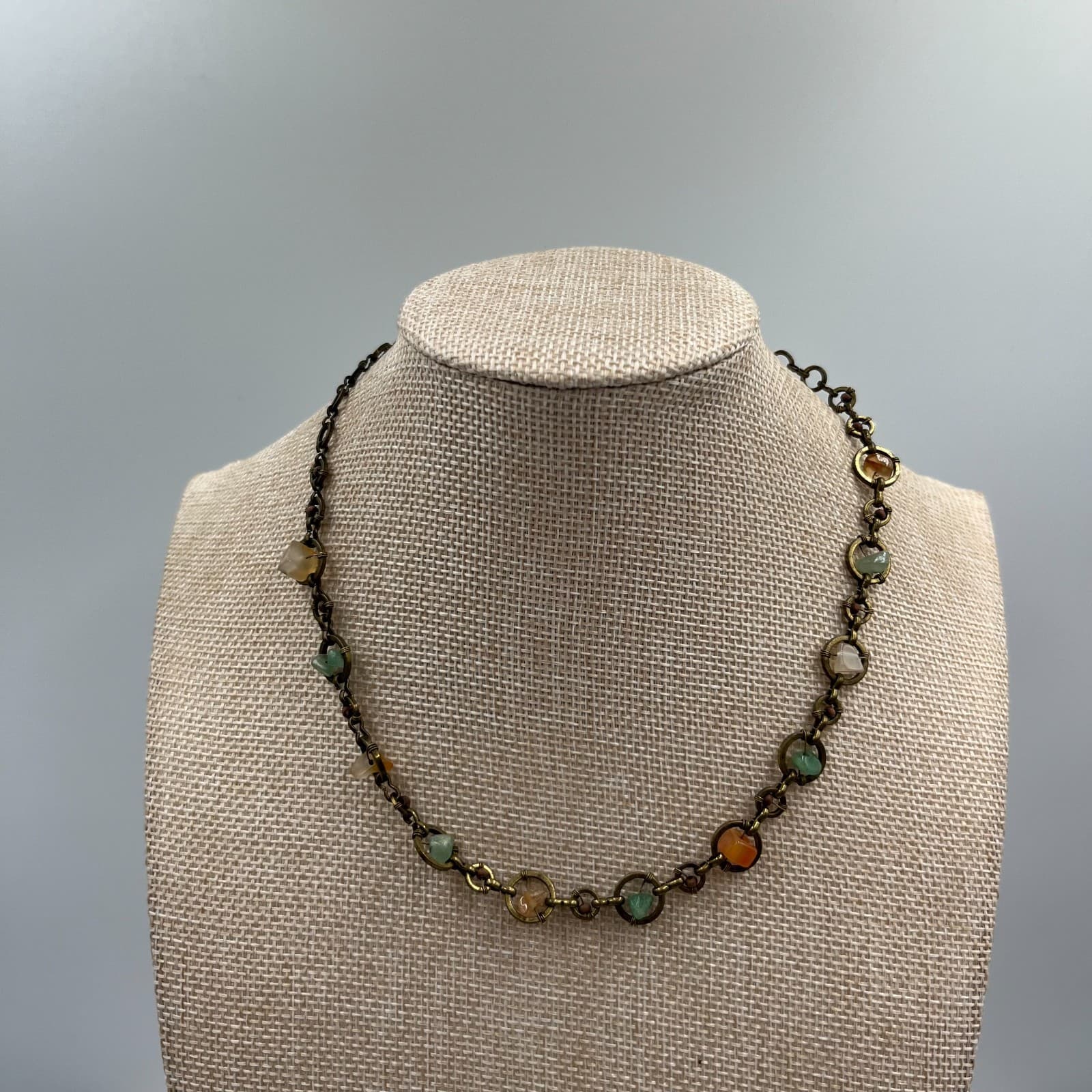 Vintage Bohemian Brass Hoop Necklace Organic Mixed Stone Chips Earthy Hippie - Image 1