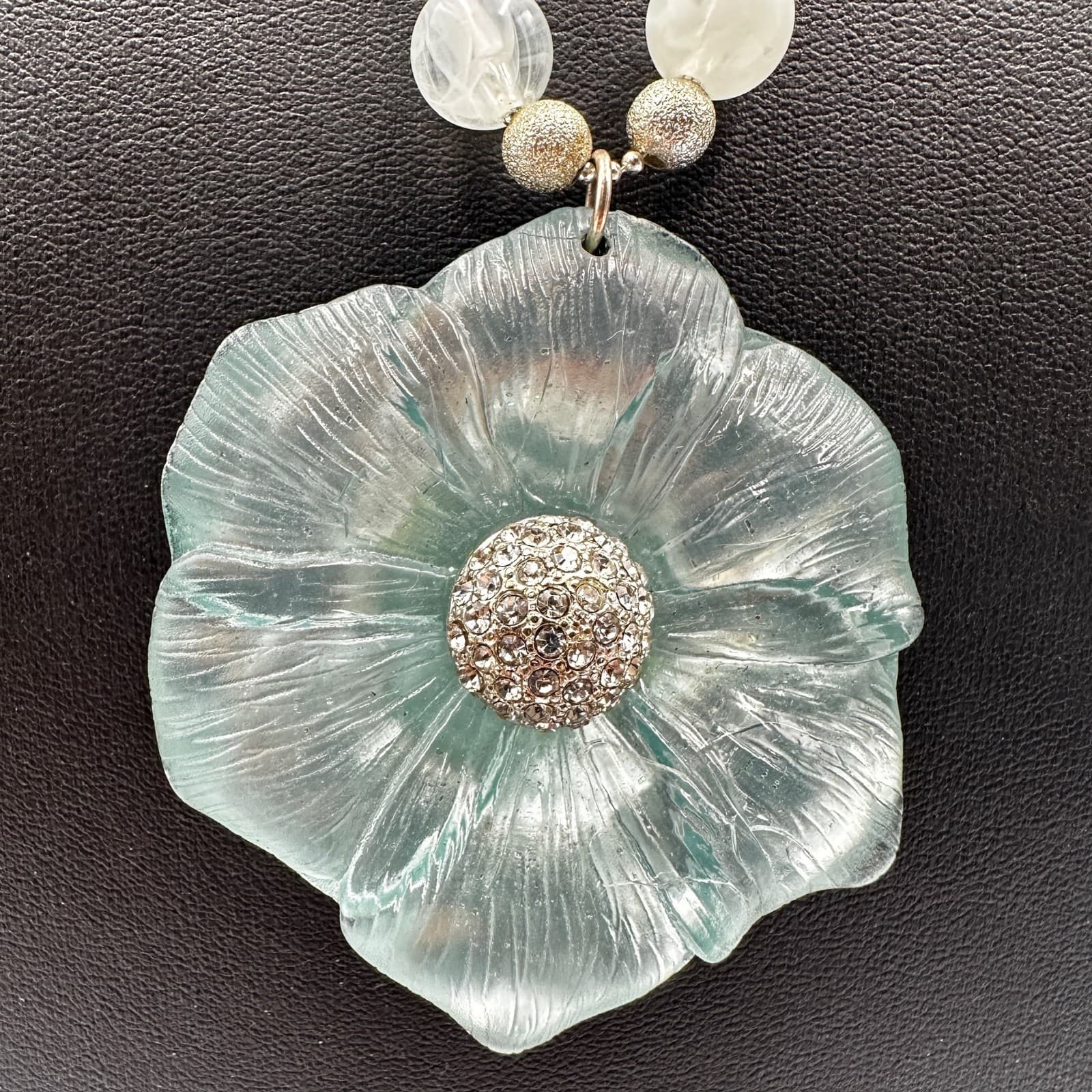 Vintage Flower Pendant Necklace Blue Glass Pave Silver - Image 1