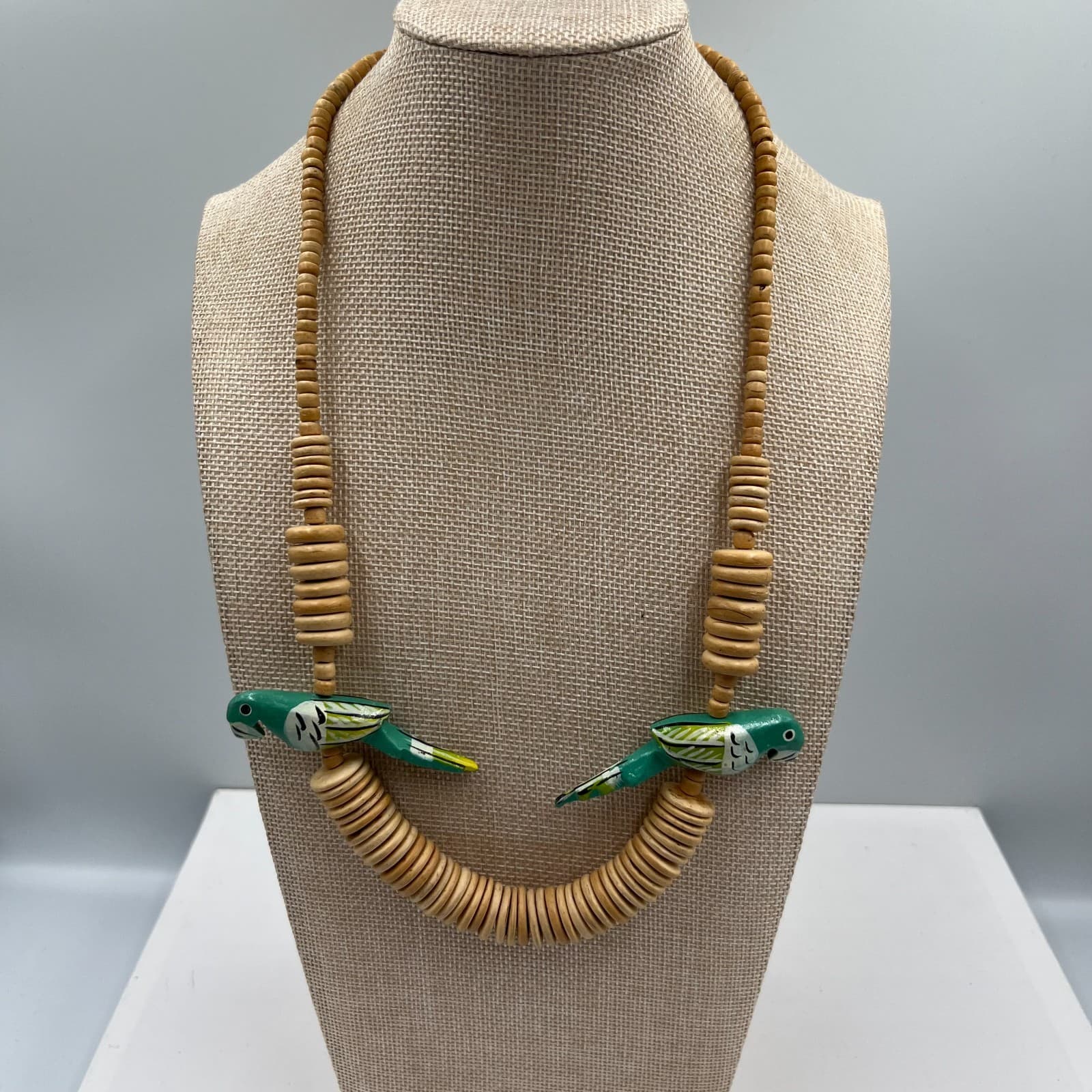 Vintage 80s Wooden Parrot Necklace Hand Painted Carved Wood Beaded Tropical Boho - Image 1