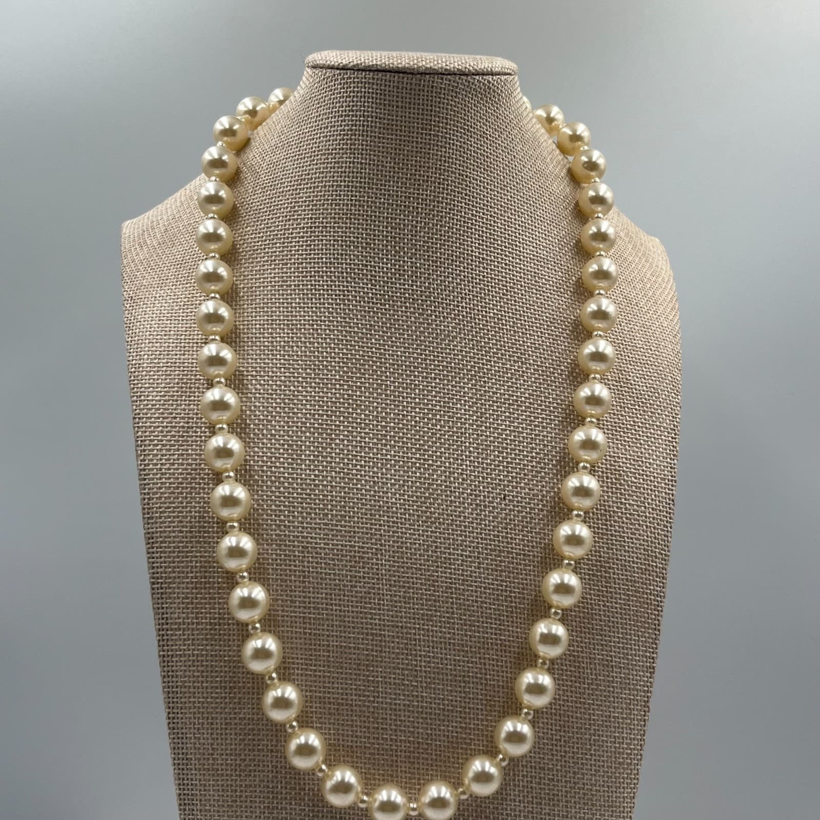 Vintage Faux Pearl Necklace Triple Strand Ornate Silver Tone Clasp Bridal 16" - Image 1