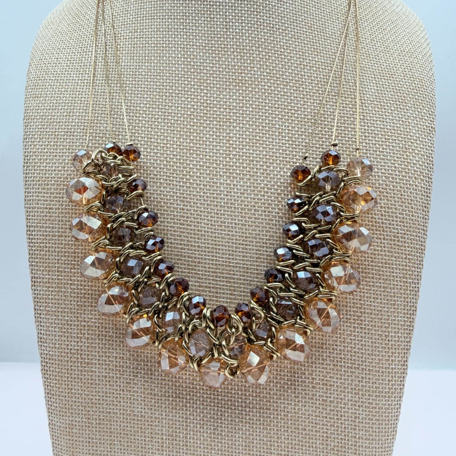 Vintage 90s Gold Tone Multi Strand Beaded Statement Bib Necklace Women's Jewelry - Image 1