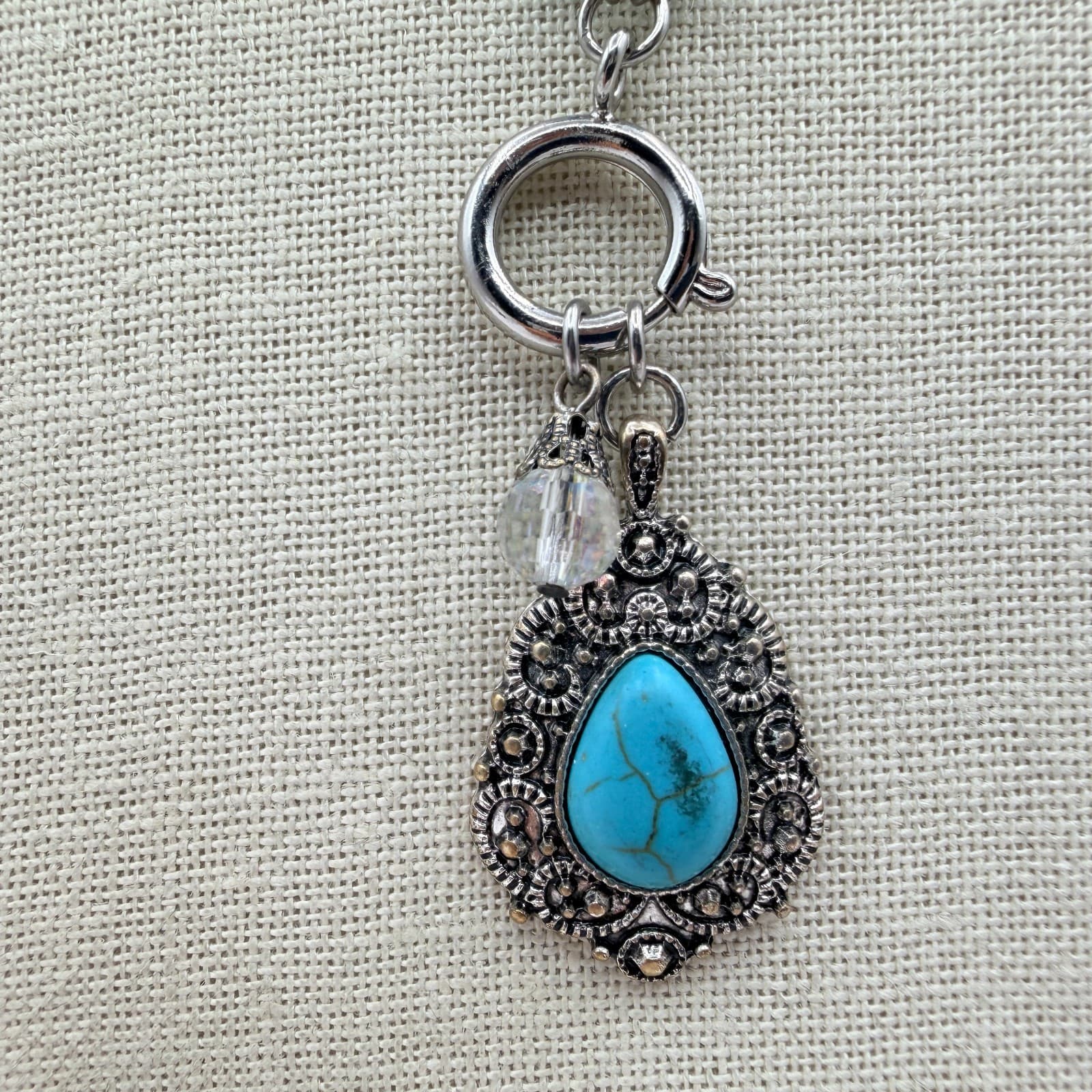 Vintage 90s Silver Tone Turquoise Beaded Teardrop Pendant Necklace Boho Jewelry - Image 1