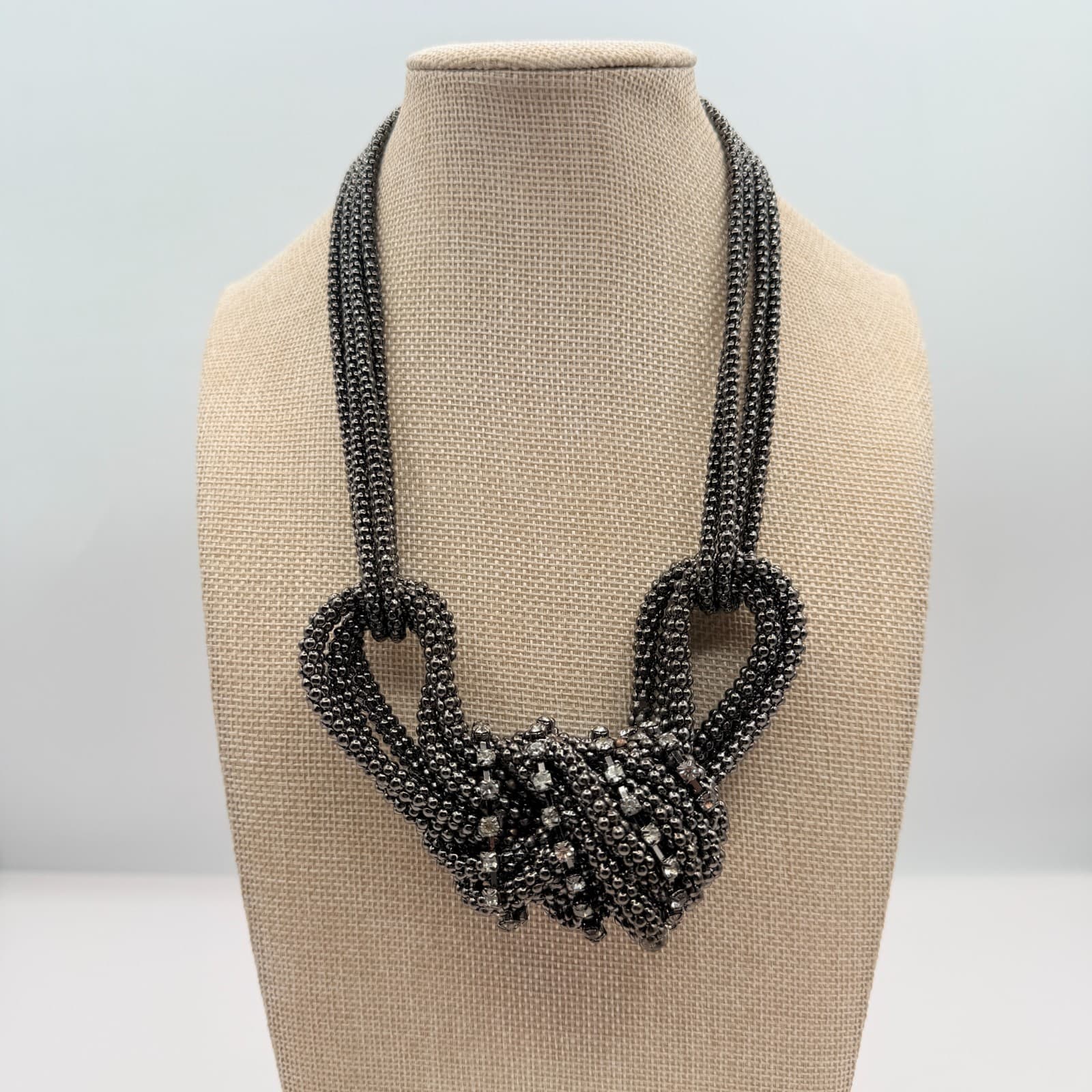 Vintage 90s Gunmetal Tone Multi Strand Rhinestone Knot Necklace Women's Jewelry - Image 1