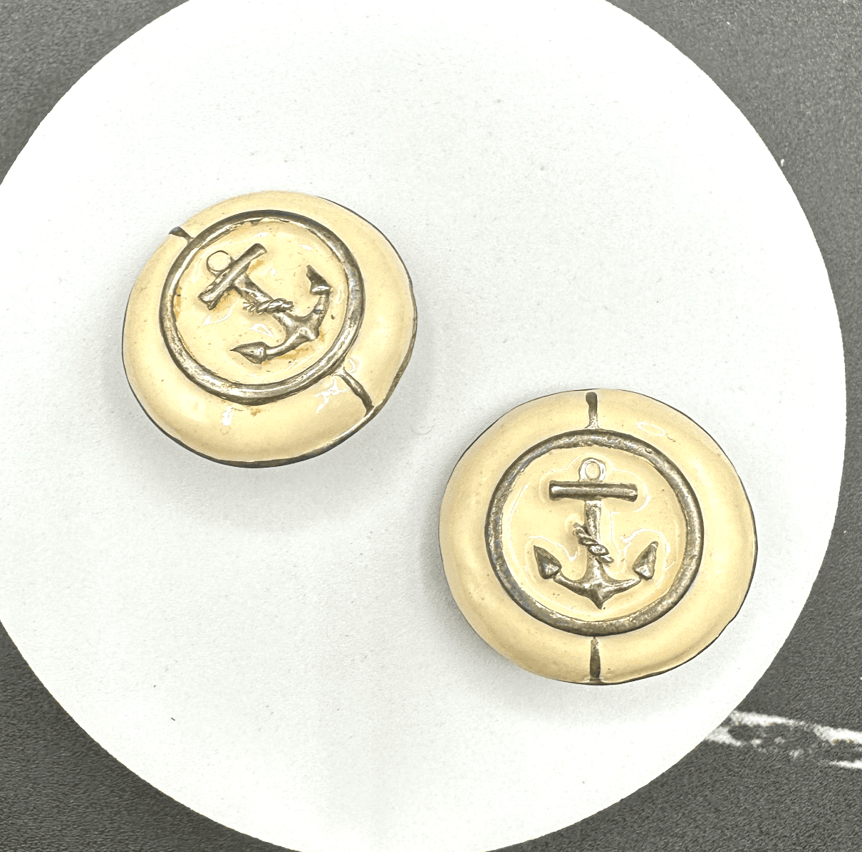 Vintage Handmade Women's Beige Anchor Enamel Clip On Fashion Stud Earrings - Image 1