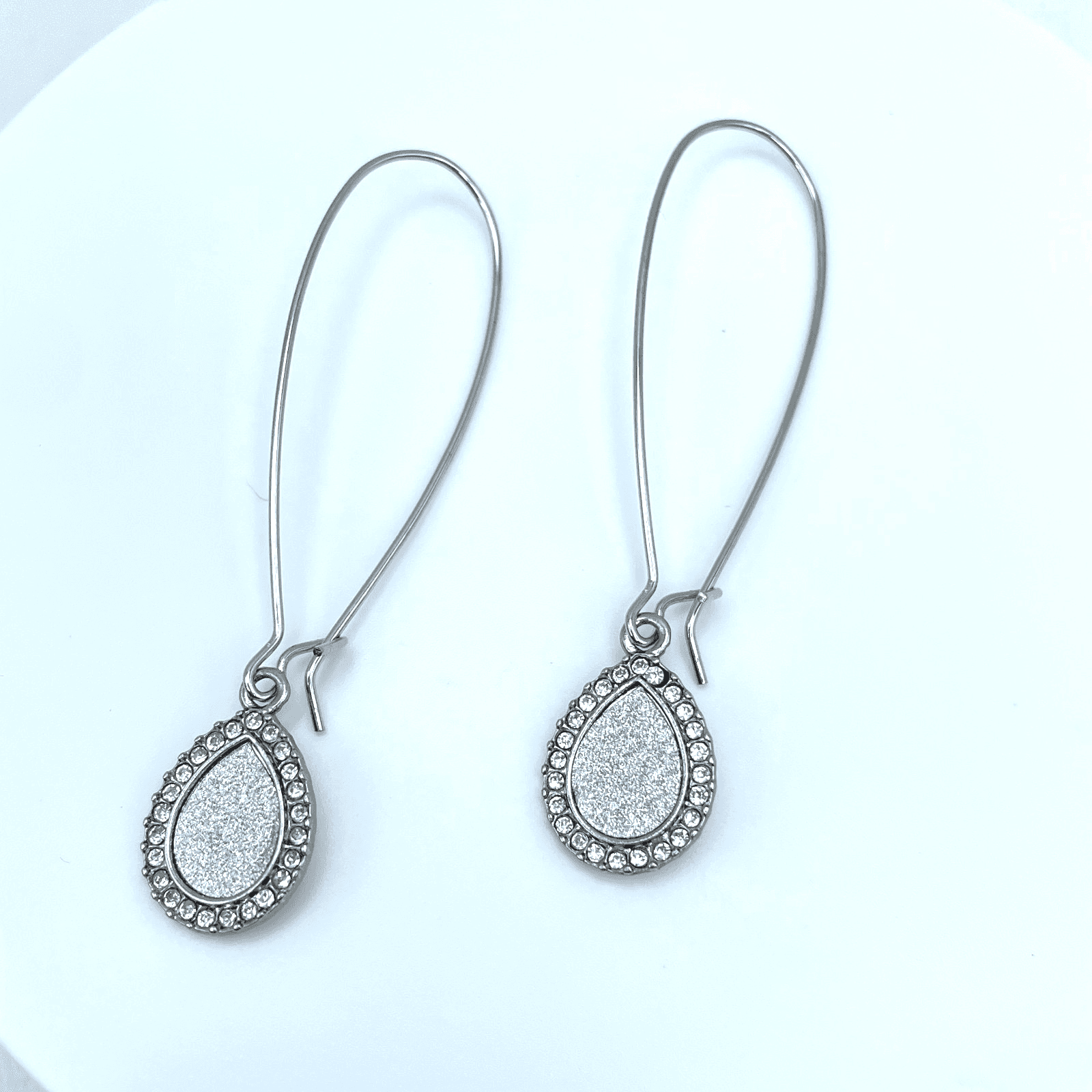 Vintage 90s Silver Tone Teardrop Dangle Earrings Glitter Clear Rhinestone - Image 1
