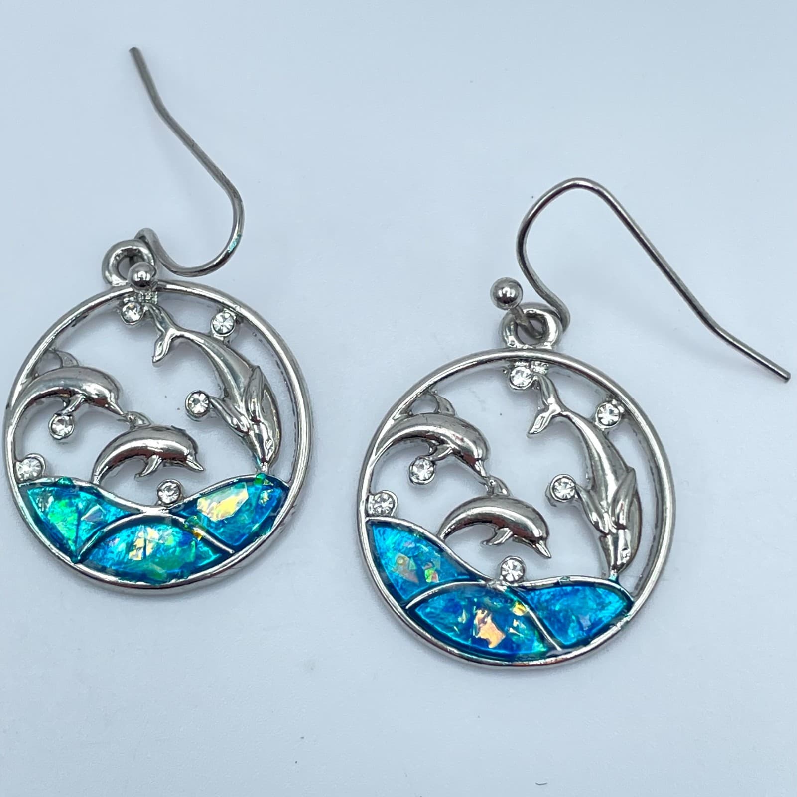 Vintage 90s Silver Tone Dolphin Earrings Blue Faux Opal Sea Life Ocean Earrings - Image 1