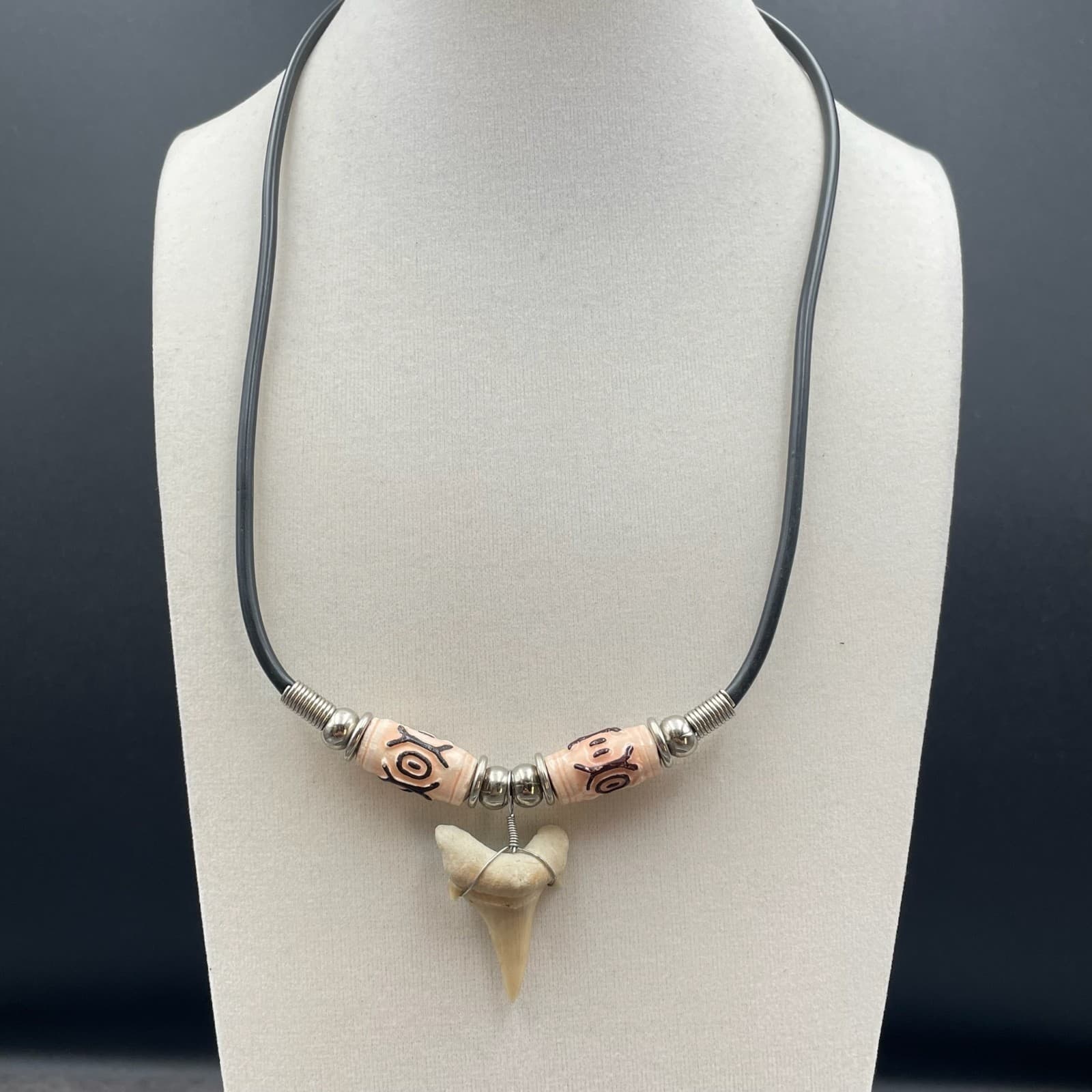 Surfer Style Black Silver-Tone Bone Beads Natural Shark Tooth Pendant Necklace - Image 1