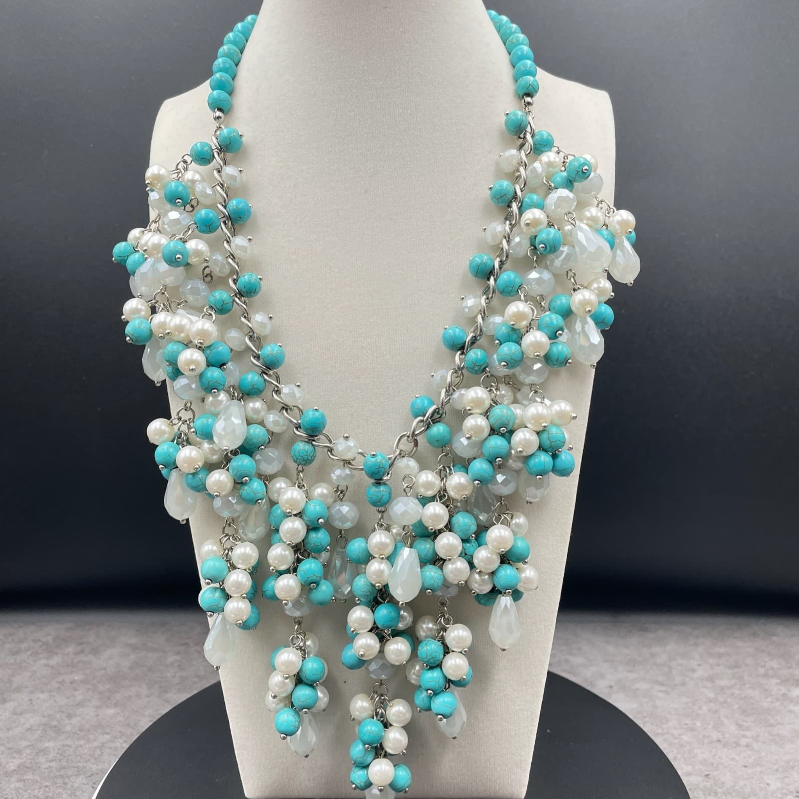 Natasha Silver-Tone Bohemian Turquoise & Pearl Cluster Beaded Statement Necklace - Image 1