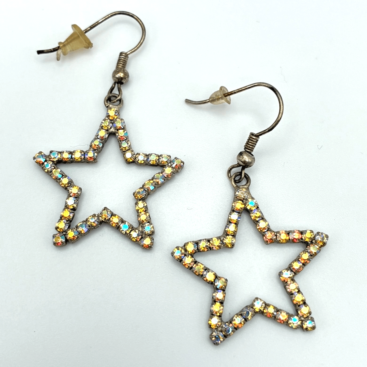 Vintage Y2K Silver Tone Star Iridescent Rhinestone Dangle Earrings Jewelry - Image 1