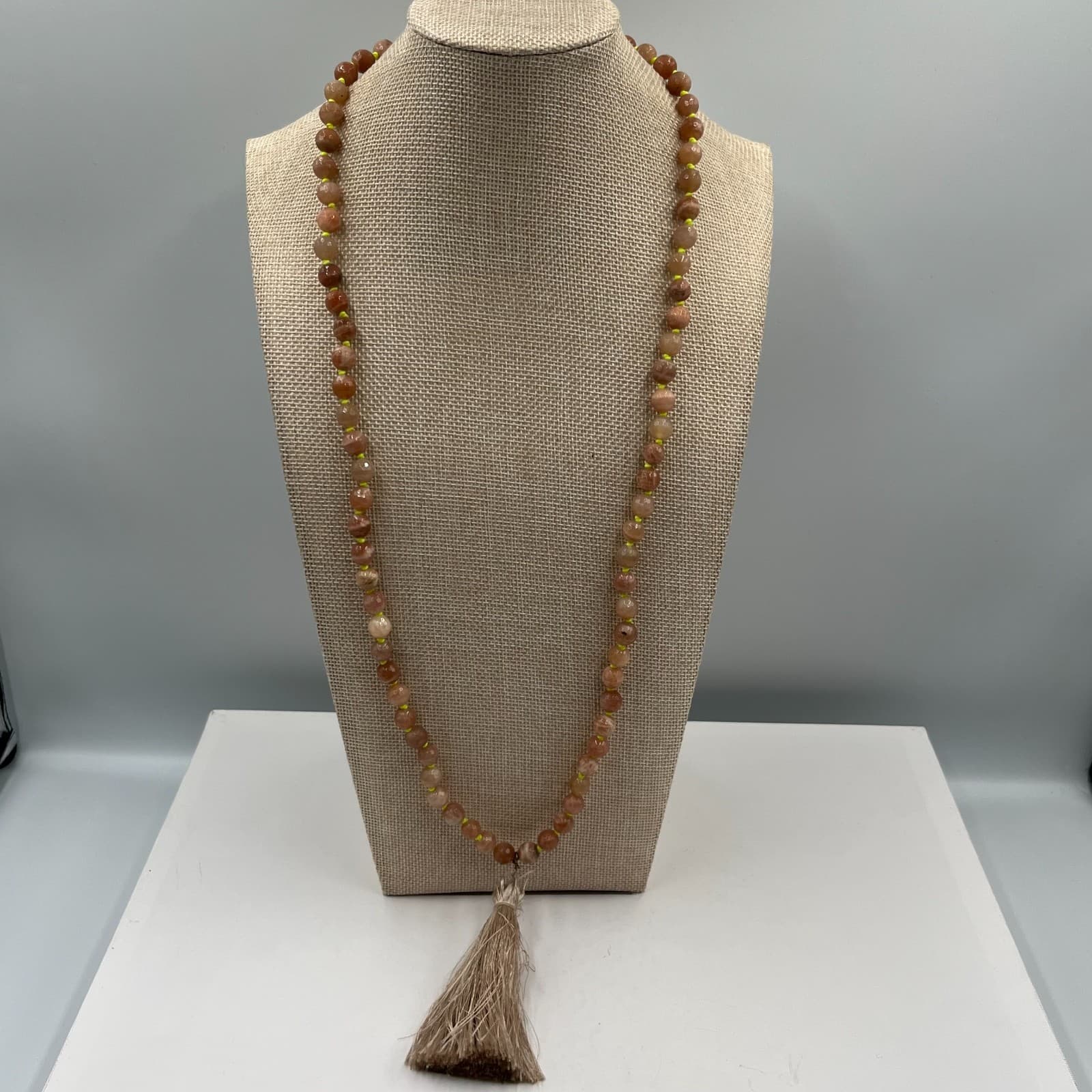 Neo-Boho Hand-knotted Beige Brown Mala Beads Meditation Tassel Lobster Necklace - Image 1