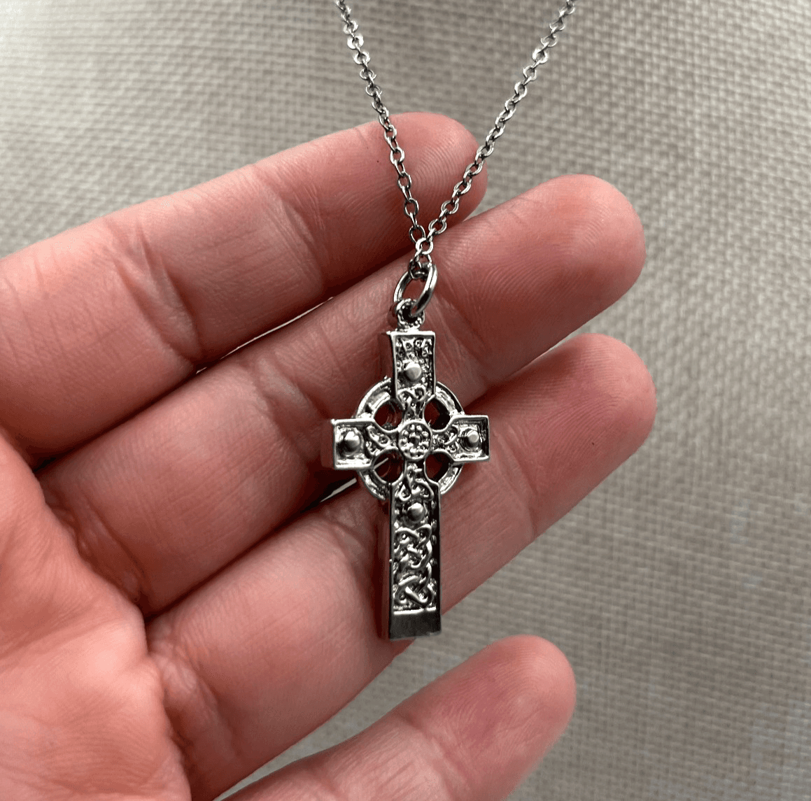 Vintage Silver-Tone Intricate Knotwork Irish High Celtic Cross Pendant Necklace - Image 1