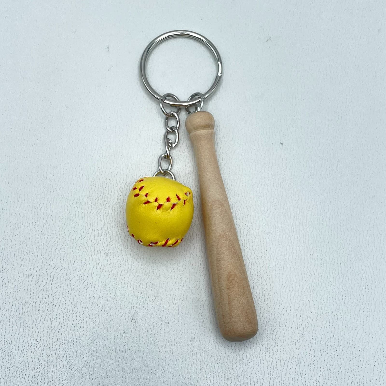 Vintage 90s Silver Tone Mini Yellow Soft Baseball Wood Bat Charm Keychain - Image 1
