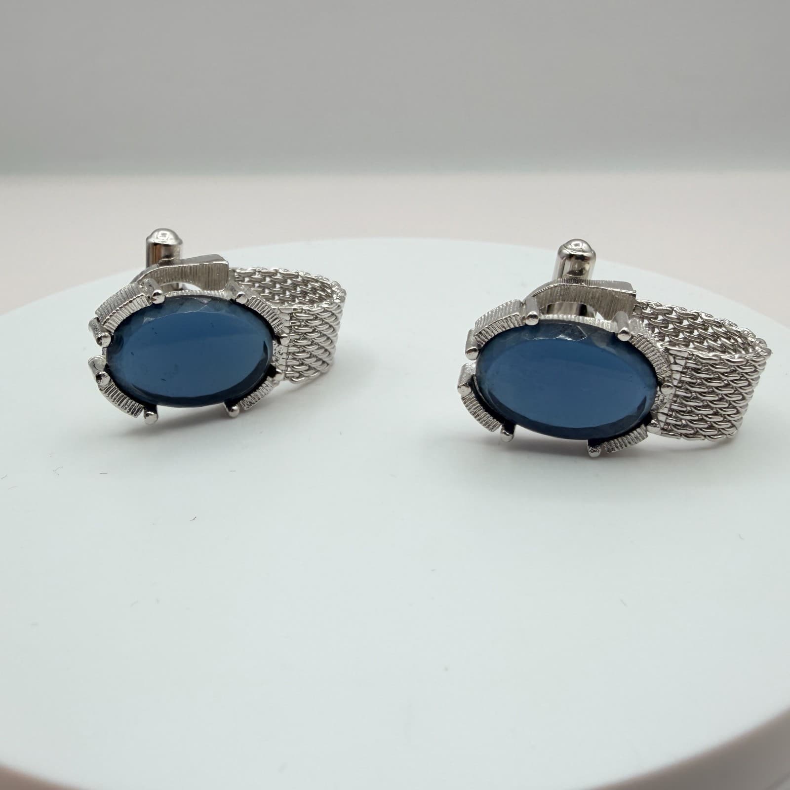 Vintage 60s Mid Century Cufflinks Silver Tone Blue Cabochon Glass Mesh Link Art - Image 1
