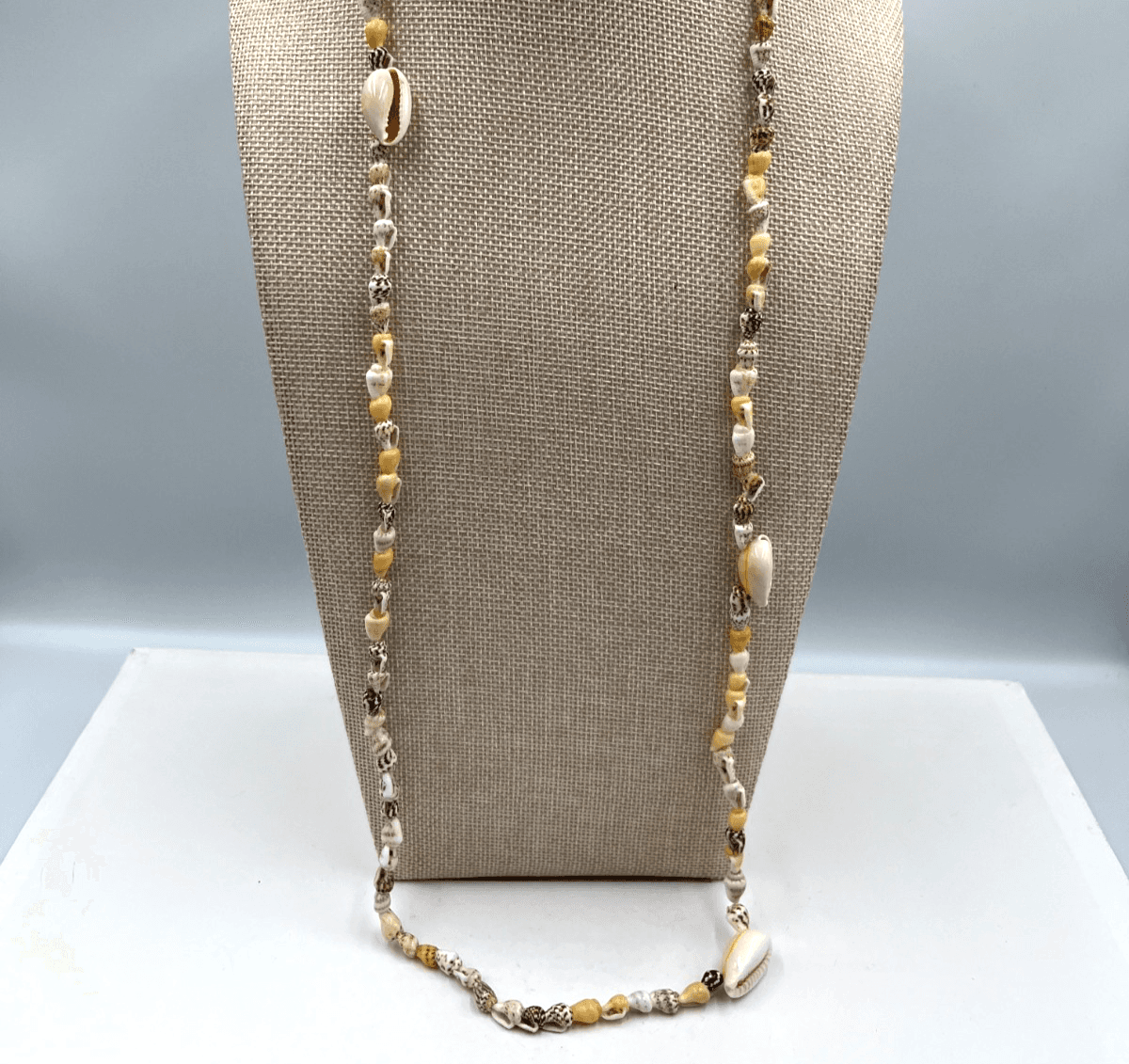 Vintage Tropical White Tan Brown Cowrie Nassa Seashell Beaded Opera Necklace - Image 1