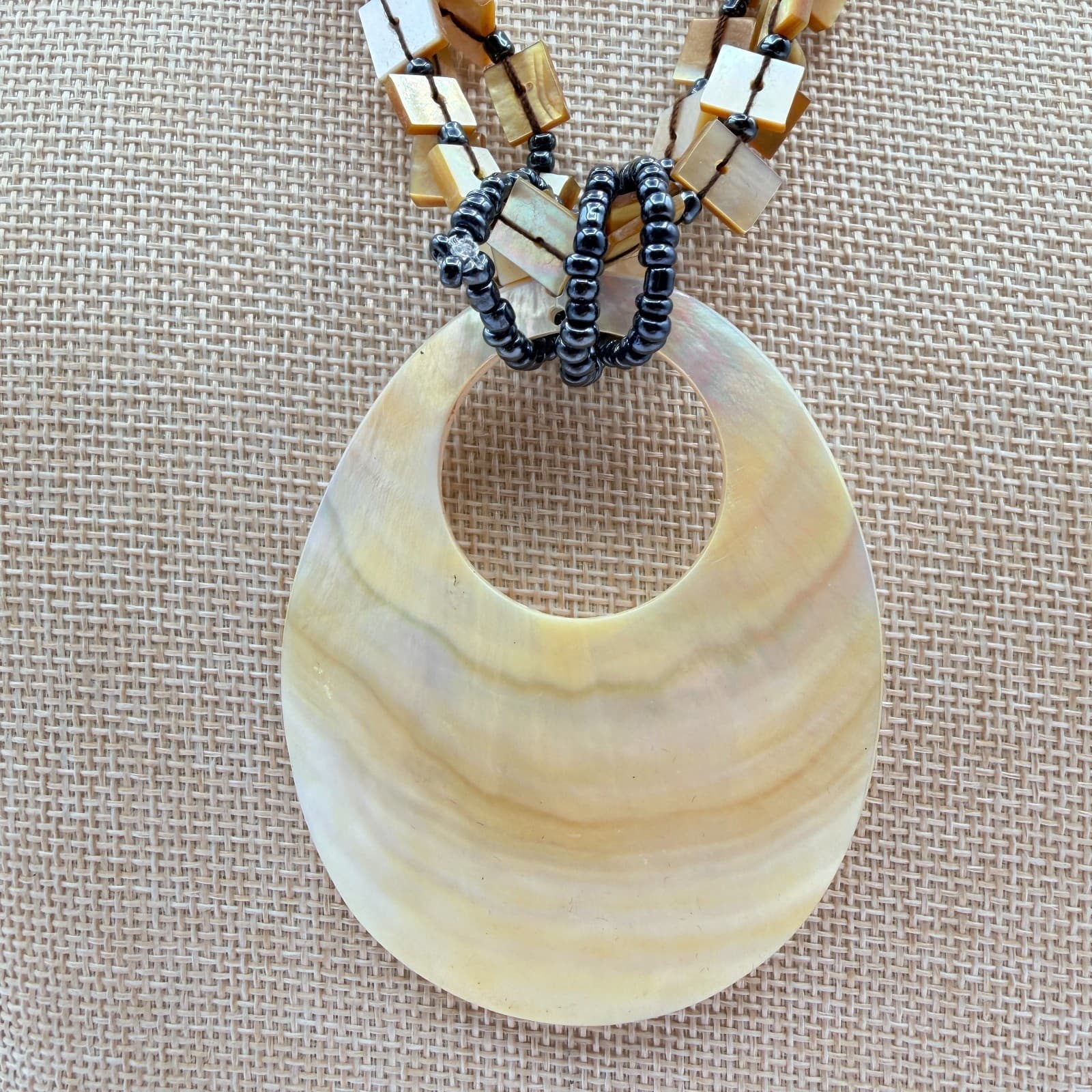 VTG 90s Silver Tone Beaded Mother of Pearl Pendant Necklace Statement Jewelry - Image 1