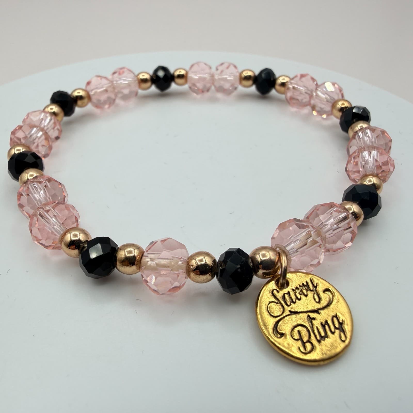 Vintage Y2K Savvy Bling Pink Black Faceted Bead Stretch Bracelet Boho Jewelry - Image 1