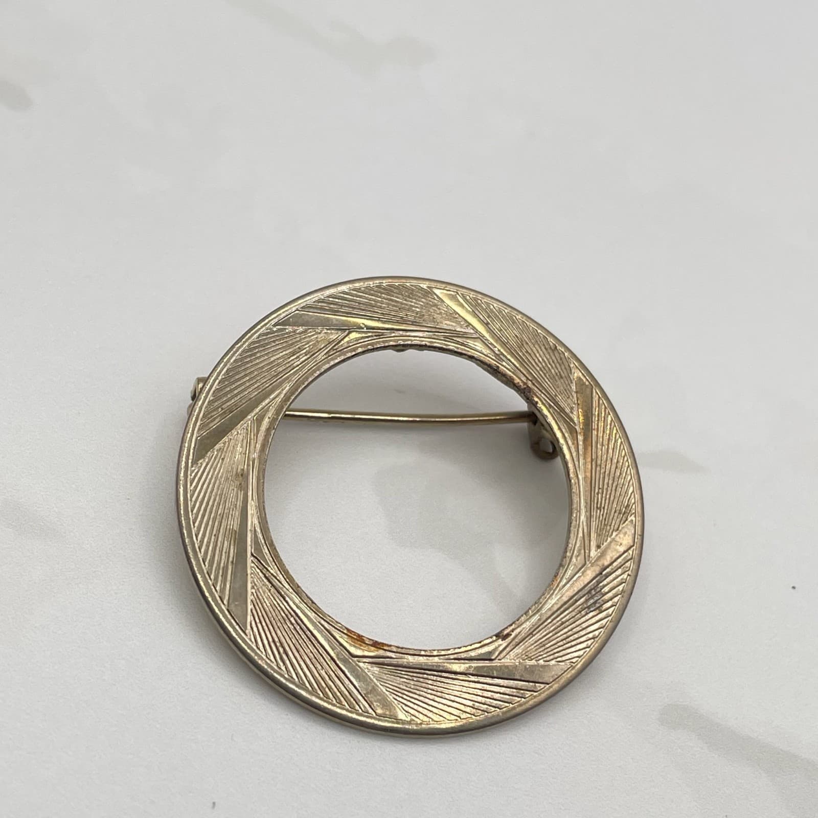 Vintage Gold Tone Brooch Pin Geometric Open Circle Round Engraved Mid-Century - Image 1