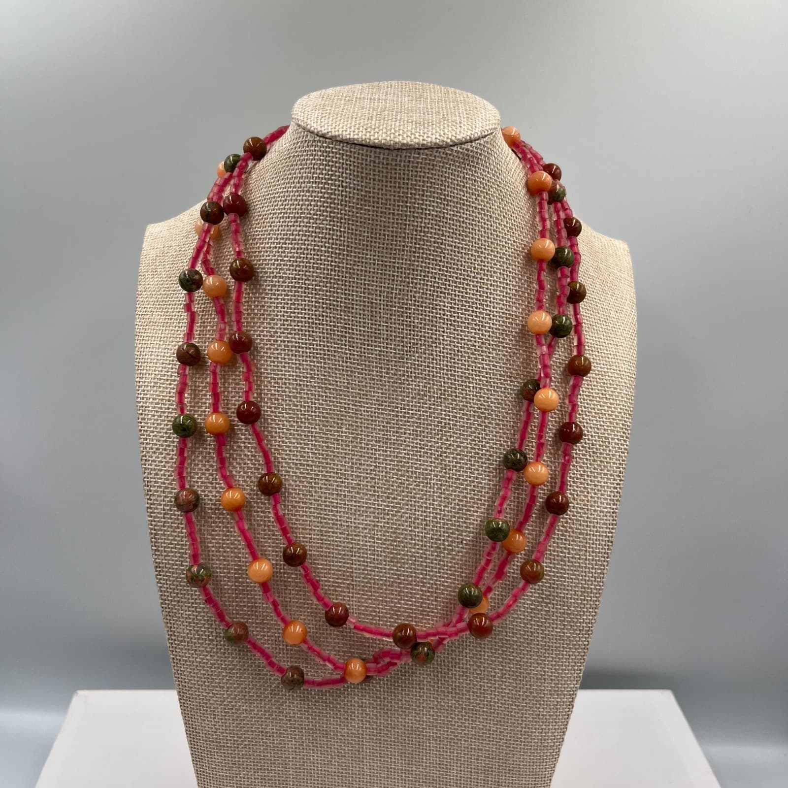 Vintage Multi Strand Beaded Necklace Earth Tone Green Pink Orange Boho Statement - Image 1