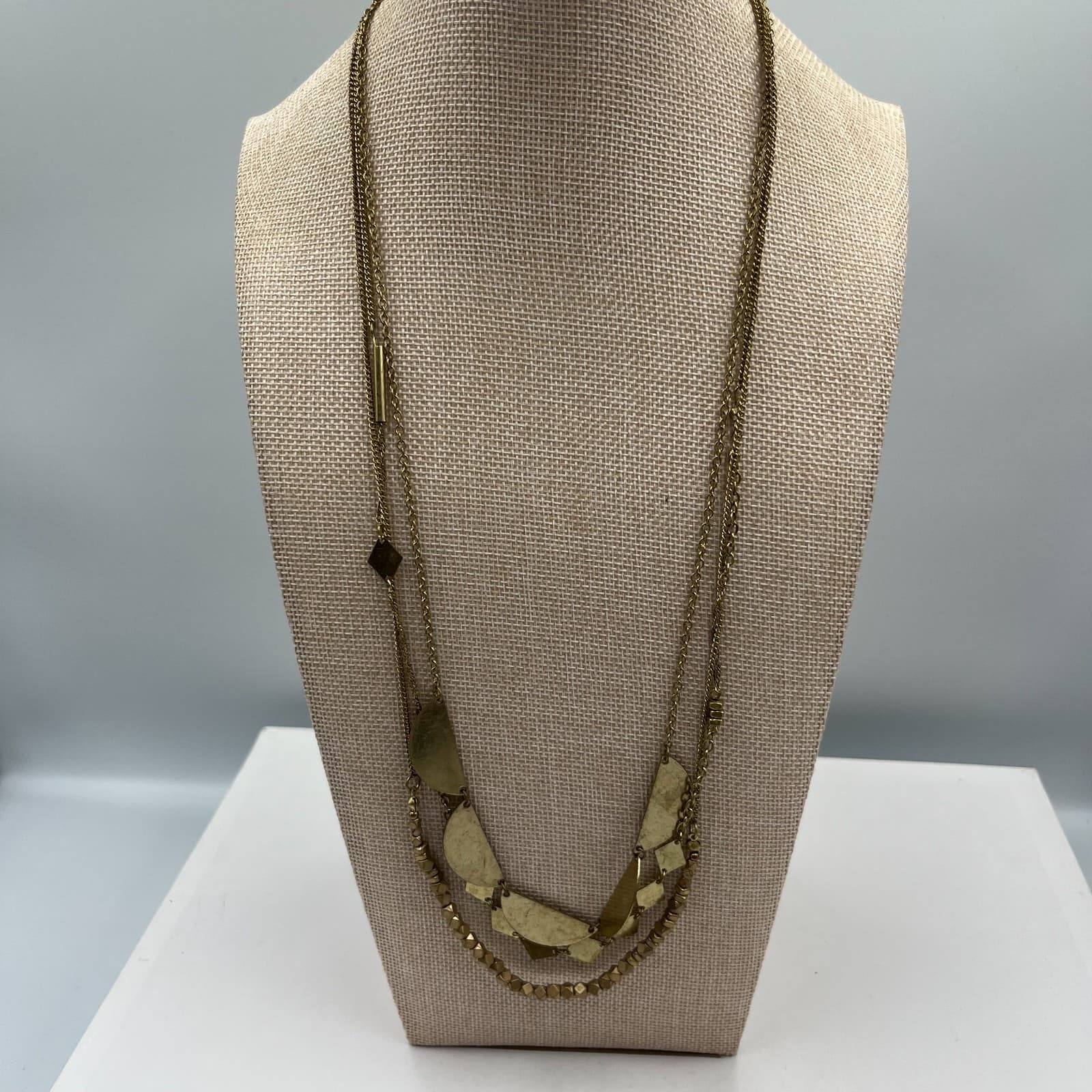 Vtg Brass Geometric Statement Necklace Boho Multi Strand Layered Bib Statement - Image 1