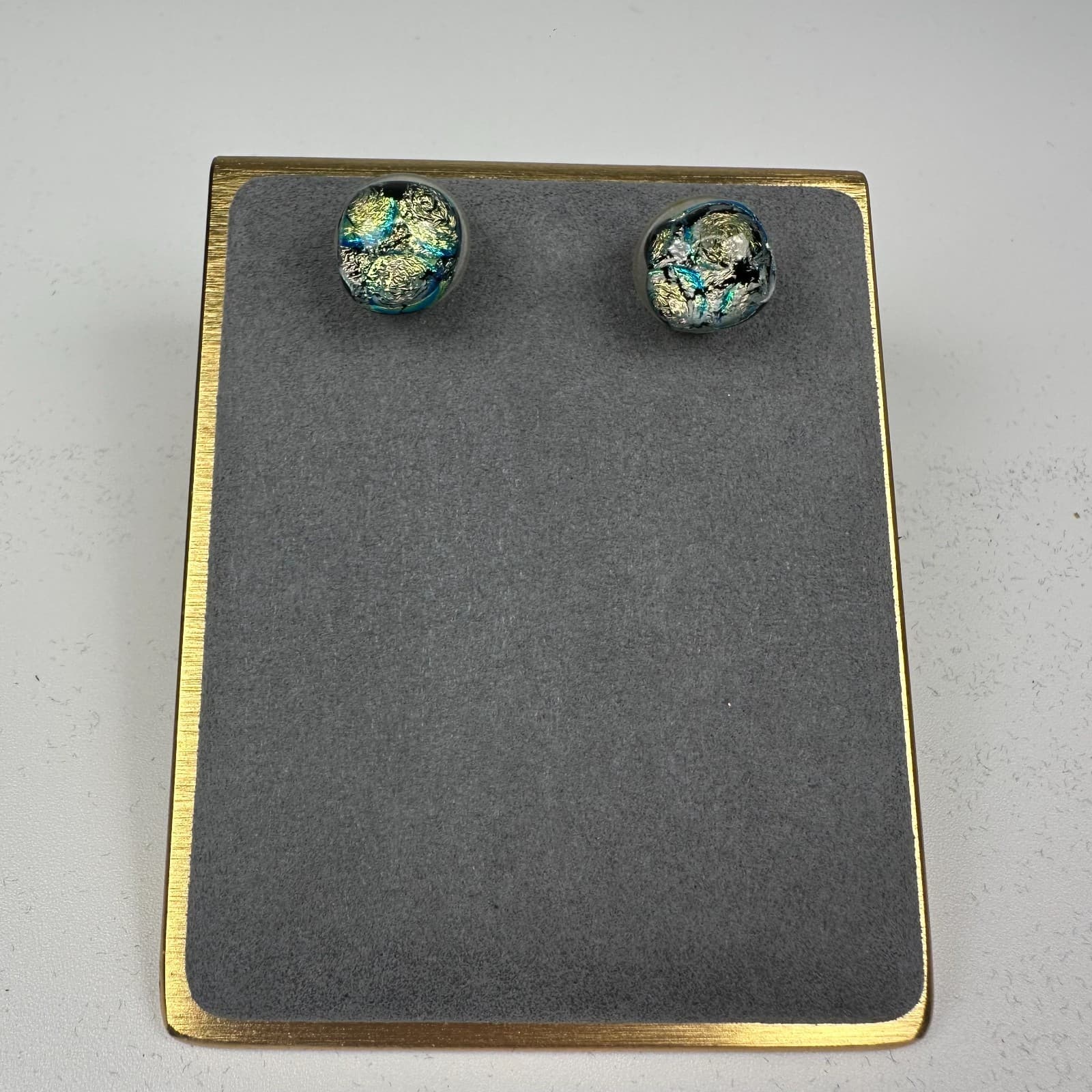 Vintage Handmade Dichroic Glass Stud Earrings – Iridescent Art Glass Post - Image 1