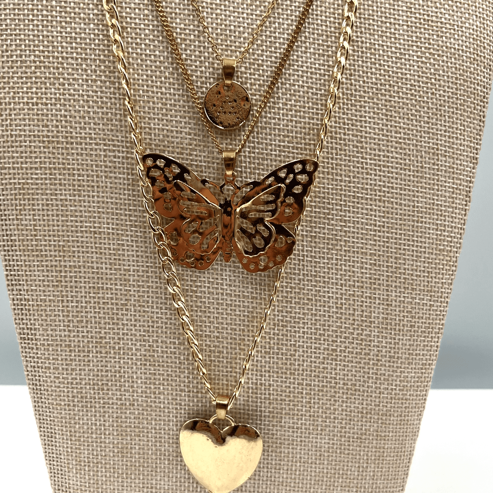 Vtg Gold Tone Multi Strand Layered Necklace Butterfly Heart Disc Boho Jewelry - Image 1