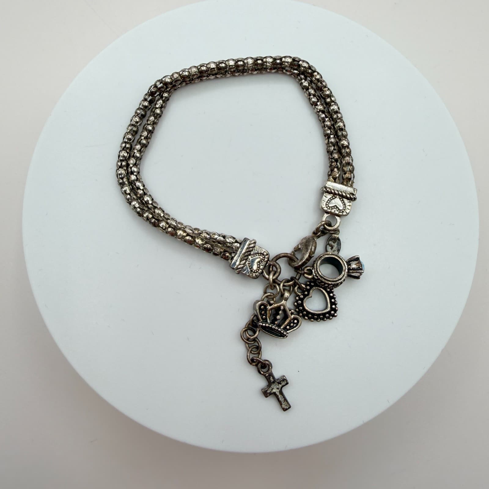 Vintage 90s Silver Tone AB Rhinestone Charm Bracelet Religious Women's Jewelry - Image 1