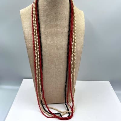 Vintage Multi Strand Beaded Necklace Red Black Cream Long Layered Boho Statement - Image 1