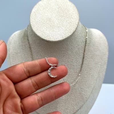 Vintage Silver Tone Crescent Moon Pendant Necklace Rhinestone Dainty Minimalist - Image 1