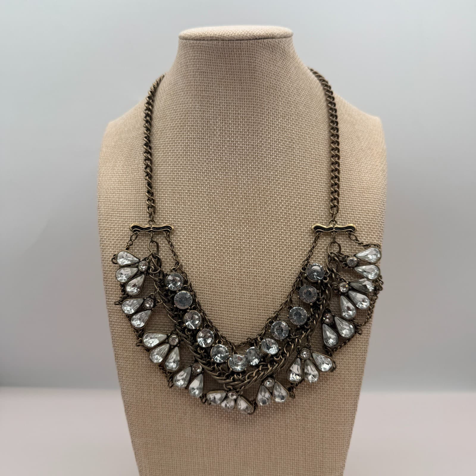 Vintage Y2K Brass Tone Multi Strand Rhinestone Teardrop Bib Necklace Jewelry - Image 1