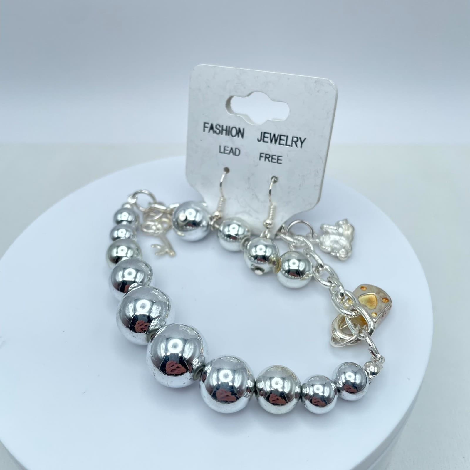 Y2K Circa 2010s Silver-Tone Key Bear Lock Charm Bracelet & Dangle Earrings Set - Image 1