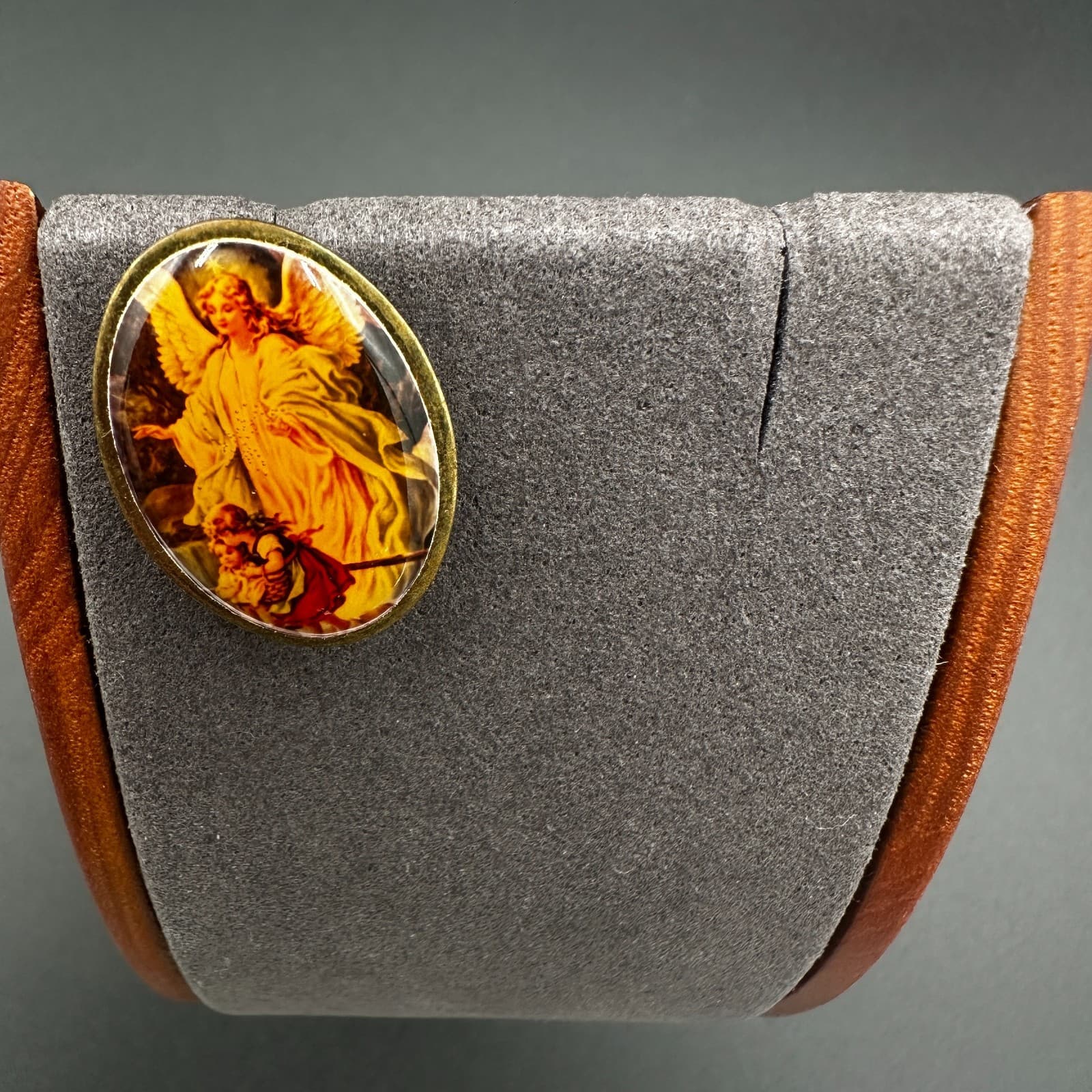 Vintage Guardian Angel Brooch – Oval Religious Art Pin - Image 1