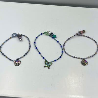 Vintage Set of 3 Beaded Bracelets Butterfly Cupcake Charm Iridescent Blue Purple - Image 1