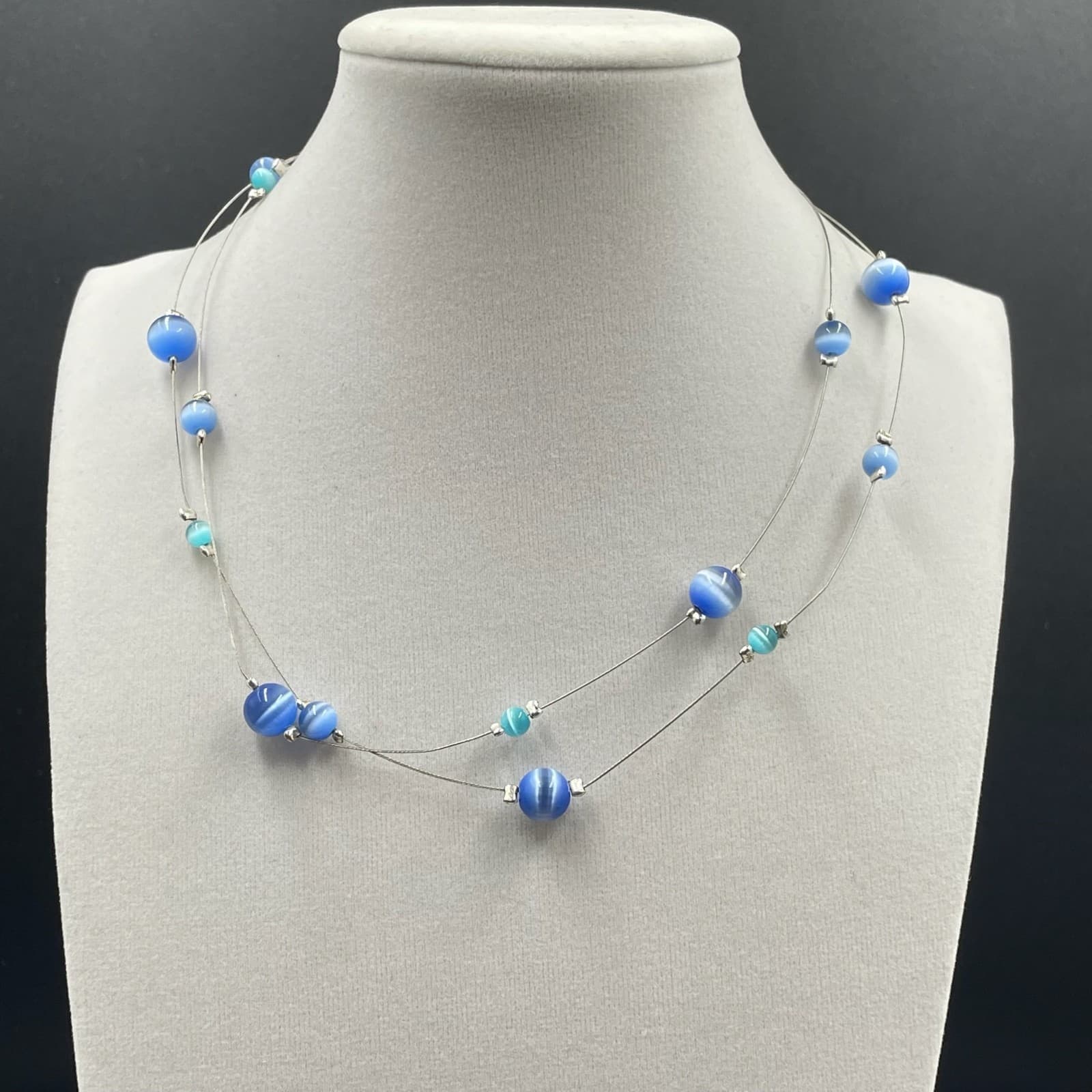 Vintage Contemporary Silver-Tone Lobster Cat's Eye Glass Double Stranded Beaded - Image 1