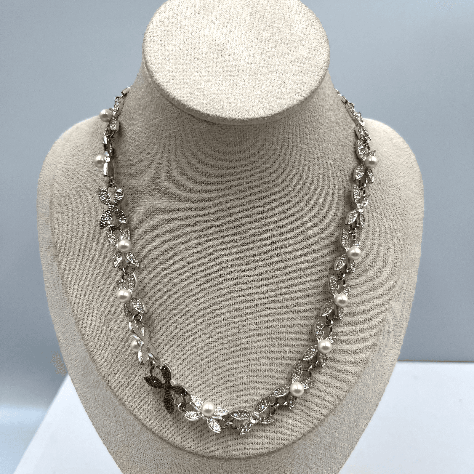 Vintage Silver Tone Butterfly Pendant Necklace Faux Pearl Crystal Accents - Image 1