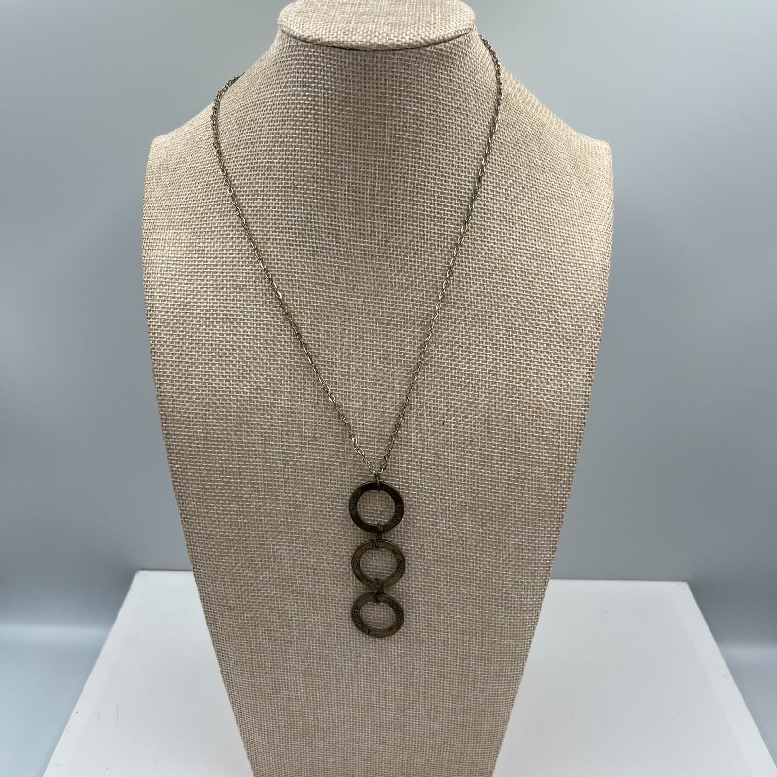 Vintage Faith Joy Harmony Triple Ring Pendant Necklace Mixed Metal Inspirational - Image 1