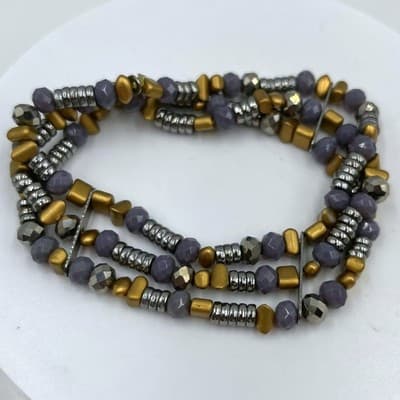 Vintage Multi Strand Beaded Bracelet Gray Faceted Beads Gold Silver Tone Wrap - Image 1