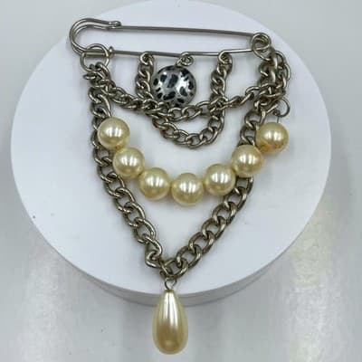 Vintage Oversize Safety Pin Brooch Silver Tone Chain Faux Pearl Dangle Statement - Image 1