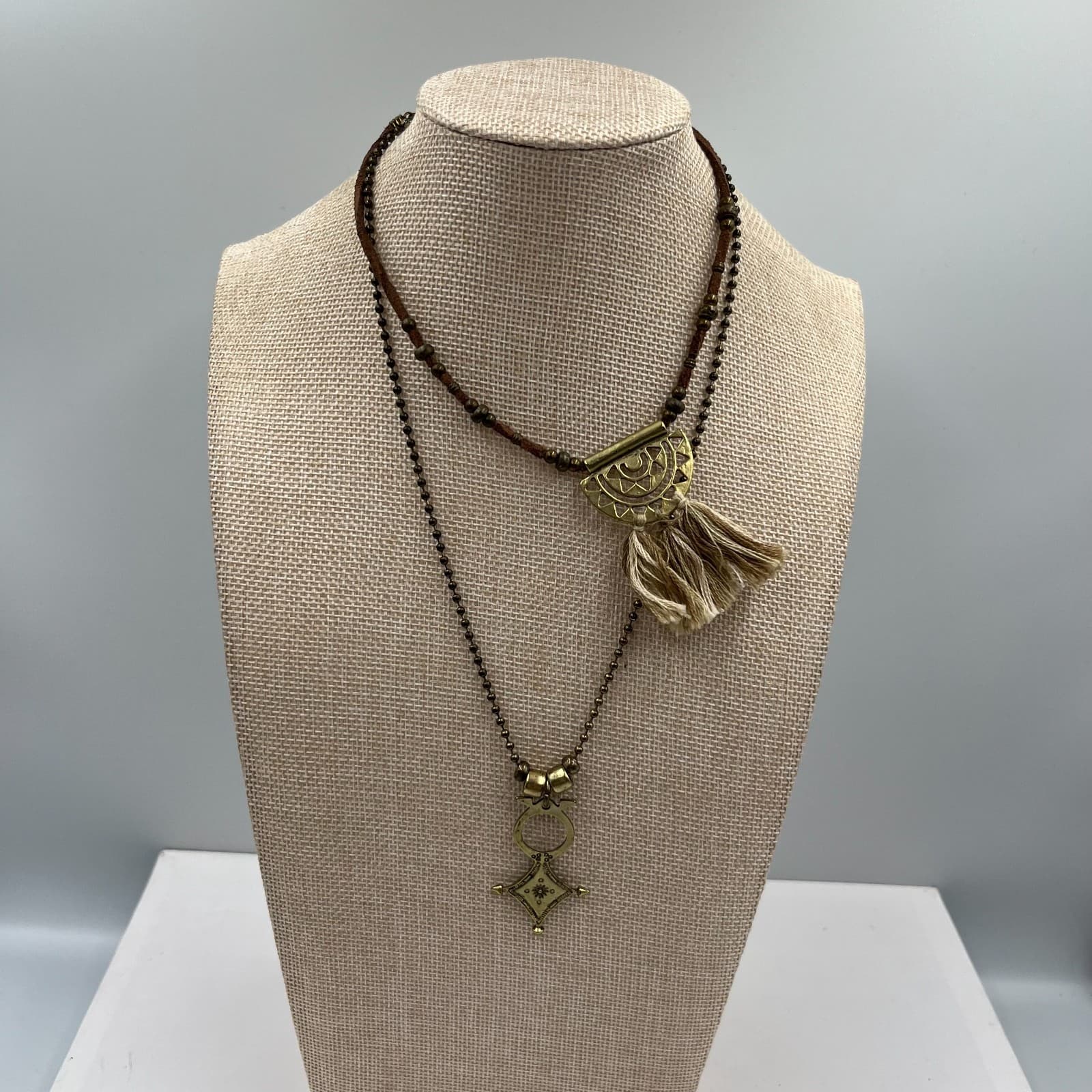 Vintage Brass Boho Tassel Necklace Tribal Geometric Pendant Long Ball Chain 70s - Image 1