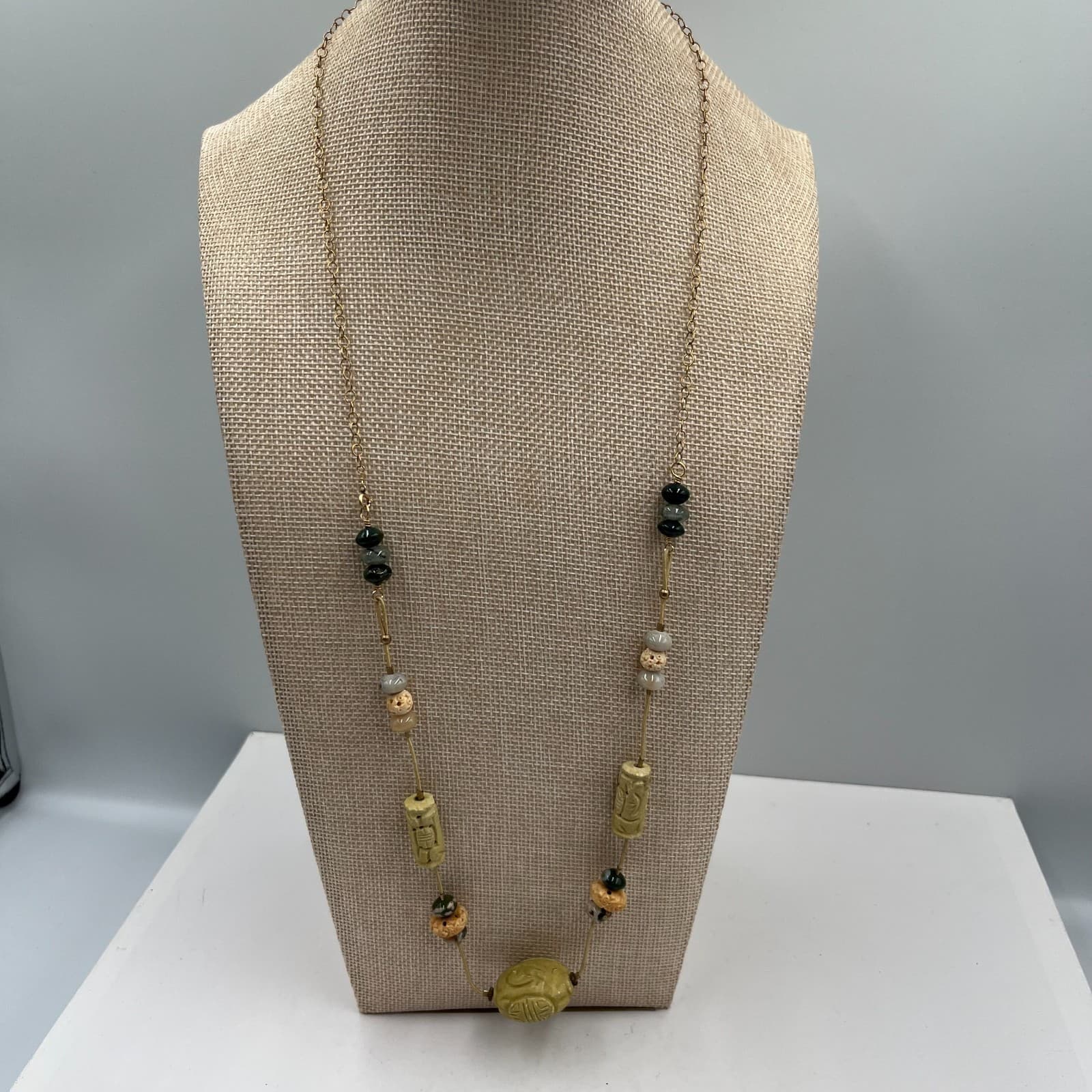 Vintage Egyptian Revival Scarab Necklace Multi-Stone Carved Glass Gold Tone 18" - Image 1