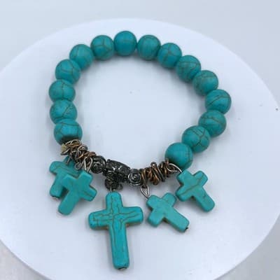 Vintage Turquoise Howlite Beaded Bracelet Cross Charms Ornate Metal Accents Boho - Image 1
