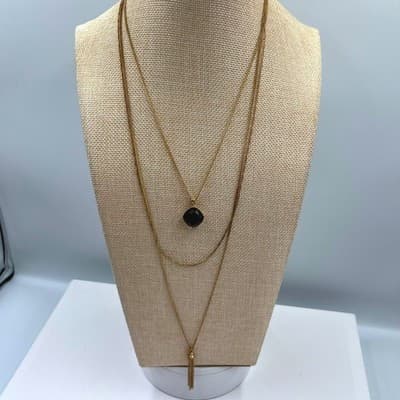 Chico's Gold Tone Layered Necklace Black Faceted Pendant Tassel Multi Strand - Image 1