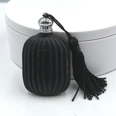 Vintage Style Black Glass Perfume Bottle Tassel Atomizer Ribbed Vanity - Image 1