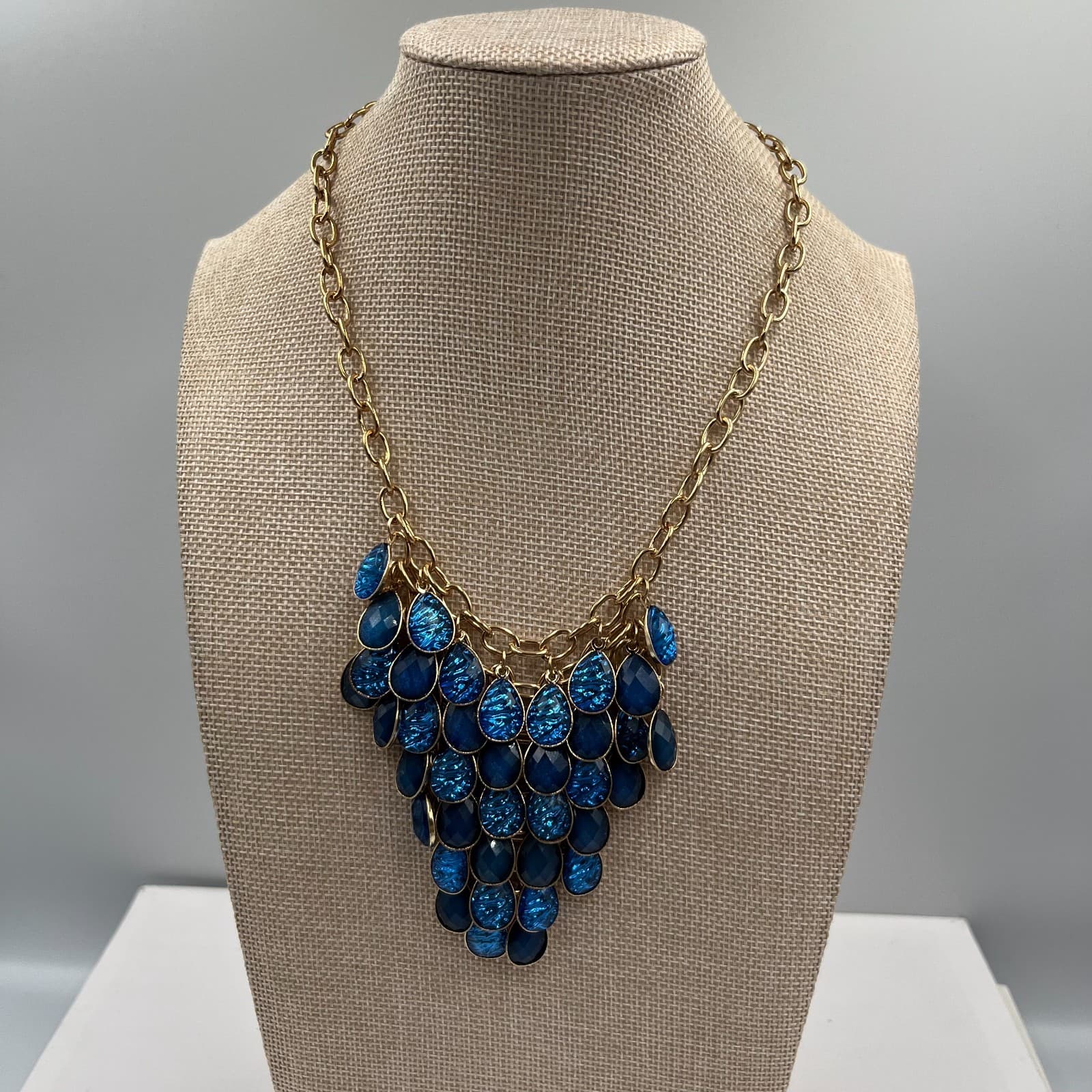 Vintage Blue Teardrop Bib Statement Necklace Silver Tone Boho Costume Jewelry 18 - Image 1