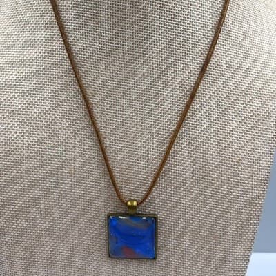 Vintage Blue Abstract Square Pendant Necklace Brown Cord Bronze Tone Frame - Image 1